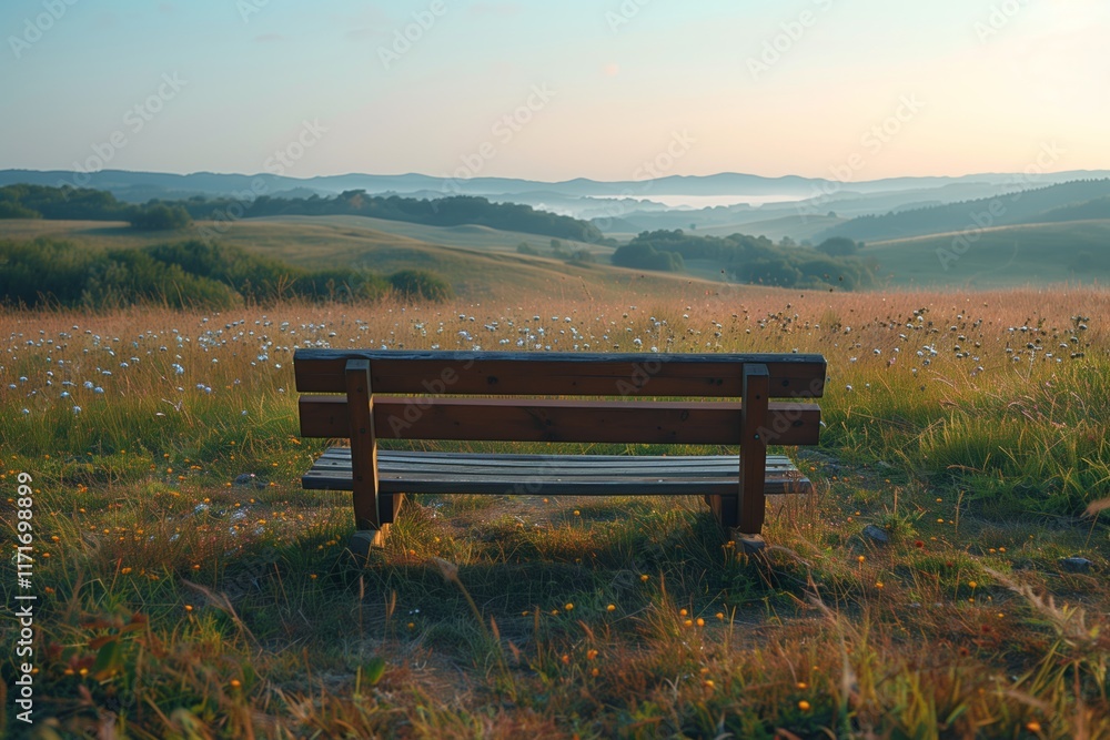 A serene view of a wooden bench overlooking a peaceful countryside with rolling hills and a misty morning. A serene view of a wooden bench overlooking a peaceful countryside with rolling hills and a misty morning.