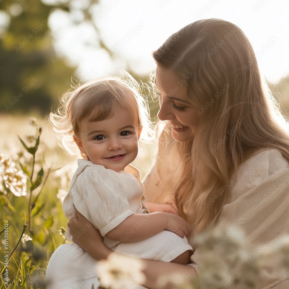 A mother and her child share a joyful moment in a sunlit field, embodying love and happiness together. A mother and her child share a joyful moment in a sunlit field, embodying love and happiness together.