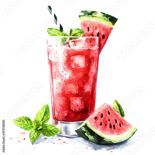 A watercolor vector painting of a glass of watermelon juice, isolated on a white background. Watermelon Juice vector.

