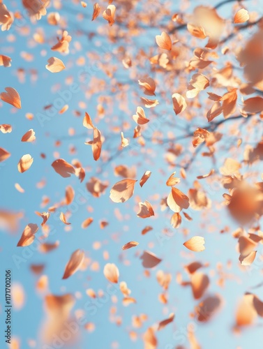 Cherry blossom petals flattering in soft breeze against blue sky. Sun rising up view. Conceptual fantasy scene of realistic Sakura floral pattern. Multicolored nature. Slow motion. spring photo