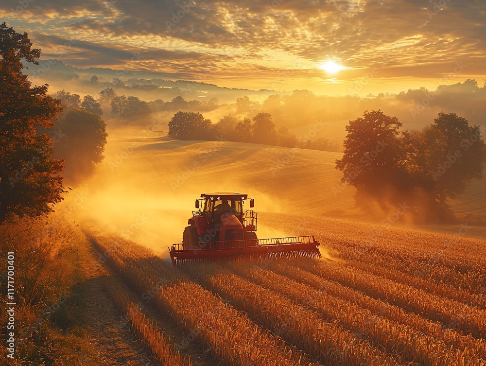 Fototapeta premium Sunrise harvest tractor cutting golden wheat field.