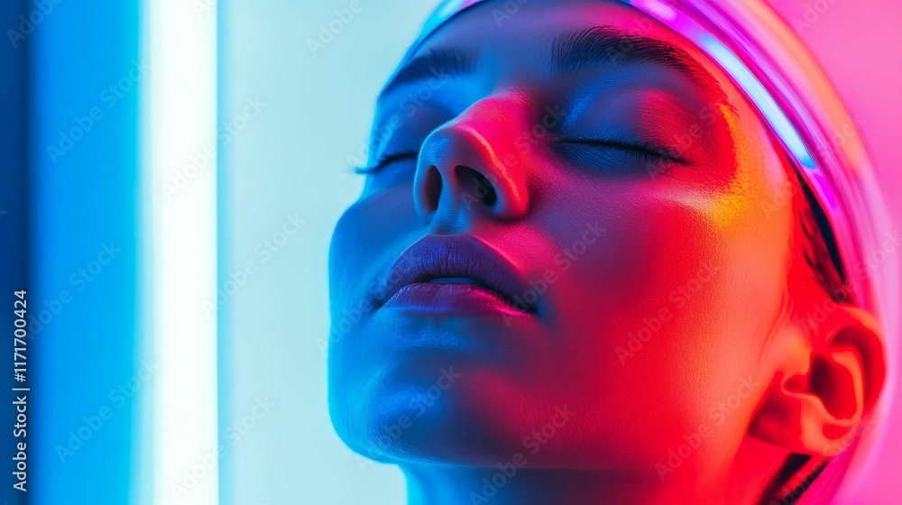 Close-up, face, vibrant, red, blue lighting. Close-up, face, vibrant, red, blue lighting.