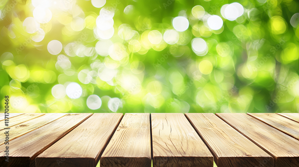 Wooden Table with Bokeh Background: A rustic wooden table is featured in the foreground, with a soft bokeh background of lush green foliage creating a sense of natural beauty and tranquility. Wooden Table with Bokeh Background: A rustic wooden table is featured in the foreground, with a soft bokeh background of lush green foliage creating a sense of natural beauty and tranquility.