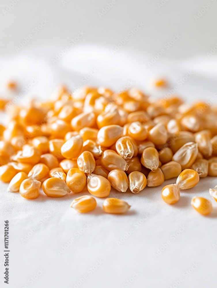 Close-up of a pile of dried yellow corn kernels on a white background. Close-up of a pile of dried yellow corn kernels on a white background.
