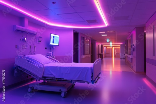 Hospital bed, purple lighting, empty corridor.