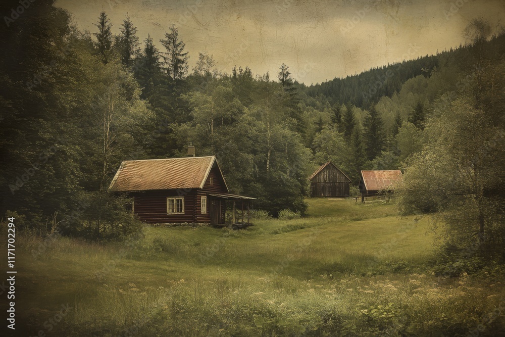 Rustic wooden cabins nestled in a serene forest landscape during late afternoon, showcasing nature's tranquility with a vintage touch Rustic wooden cabins nestled in a serene forest landscape during late afternoon, showcasing nature's tranquility with a vintage touch
