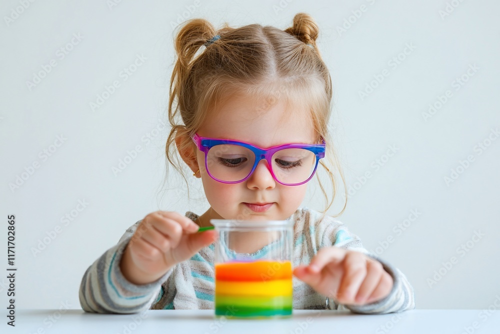 Toddler girl with glasses conducting a science experiment with layered rainbow colors in a plastic cup. Toddler girl with glasses conducting a science experiment with layered rainbow colors in a plastic cup.