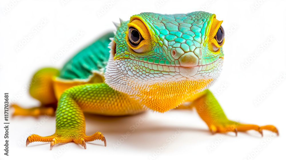 Fototapeta premium Vibrant close-up of a vibrant lizard showcasing intricate patterns and colors against a clean white background in natural light