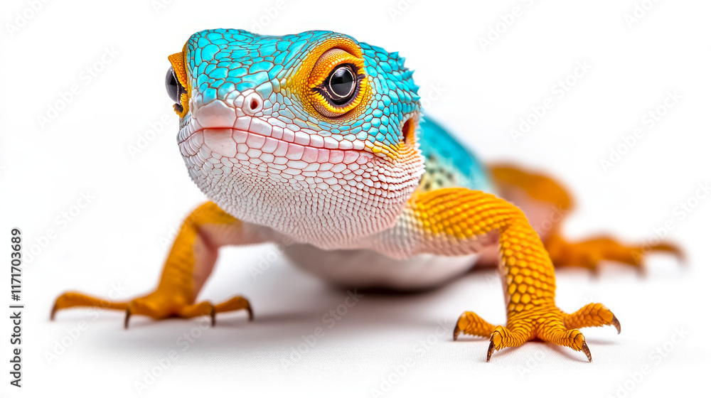 Close-up view of a vibrant lizard showcasing intricate details and striking colors against a clean, white background Close-up view of a vibrant lizard showcasing intricate details and striking colors against a clean, white background