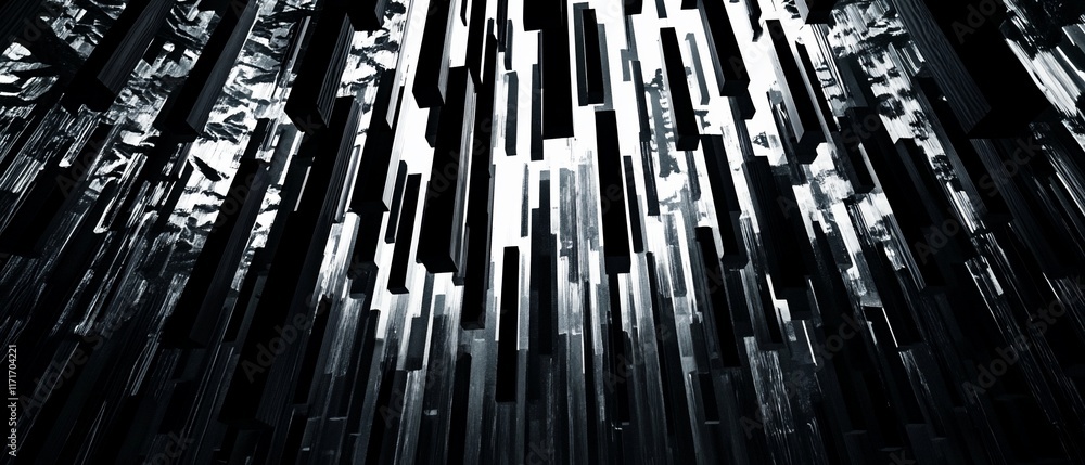 Abstract grayscale image of numerous vertical rectangular shapes, creating a dynamic, upward-looking perspective. Abstract grayscale image of numerous vertical rectangular shapes, creating a dynamic, upward-looking perspective.