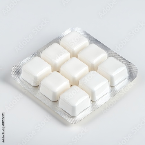 Squares of white chewing gum on a foil backing arranged in a neat grid pattern photo