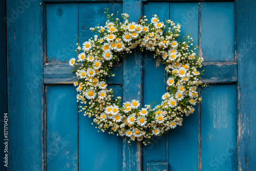 A wreath of daisies hangs on a blue door