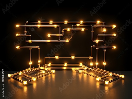 Golden illuminated tubes form a computer screen shape photo