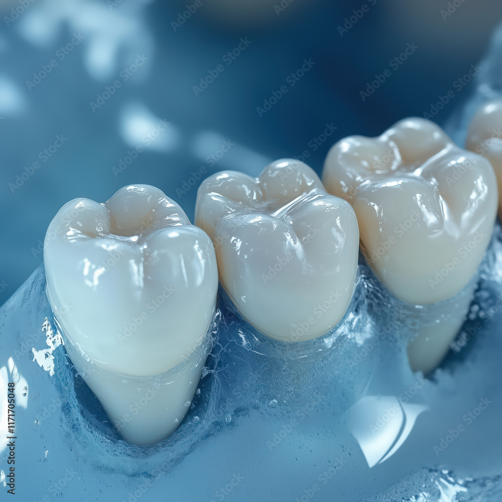 3D rendering of teeth with white resin on a blue background, close-up view