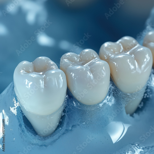 Obraz na płótnie 3D rendering of teeth with white resin on a blue background, close-up view w salonie