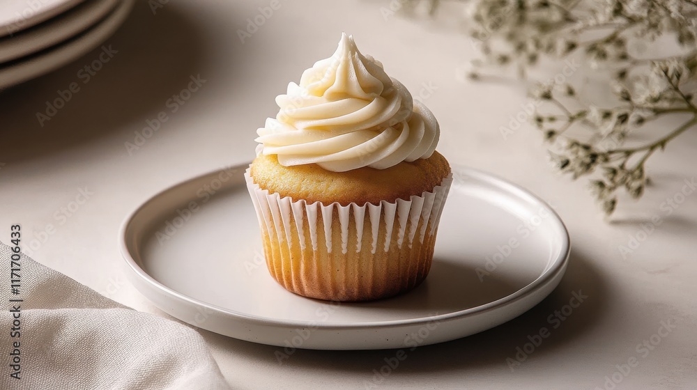 Artisanal cupcake on white table with taupe background and natural lighting Artisanal cupcake on white table with taupe background and natural lighting
