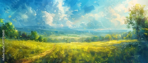 A vibrant, sunny landscape with rolling hills, golden fields, and a clear blue sky, evoking serenity and nature's beauty.