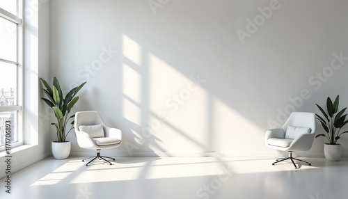 White modern office interior with a large empty wall for a mockup and soft natural light creating gentle shadows