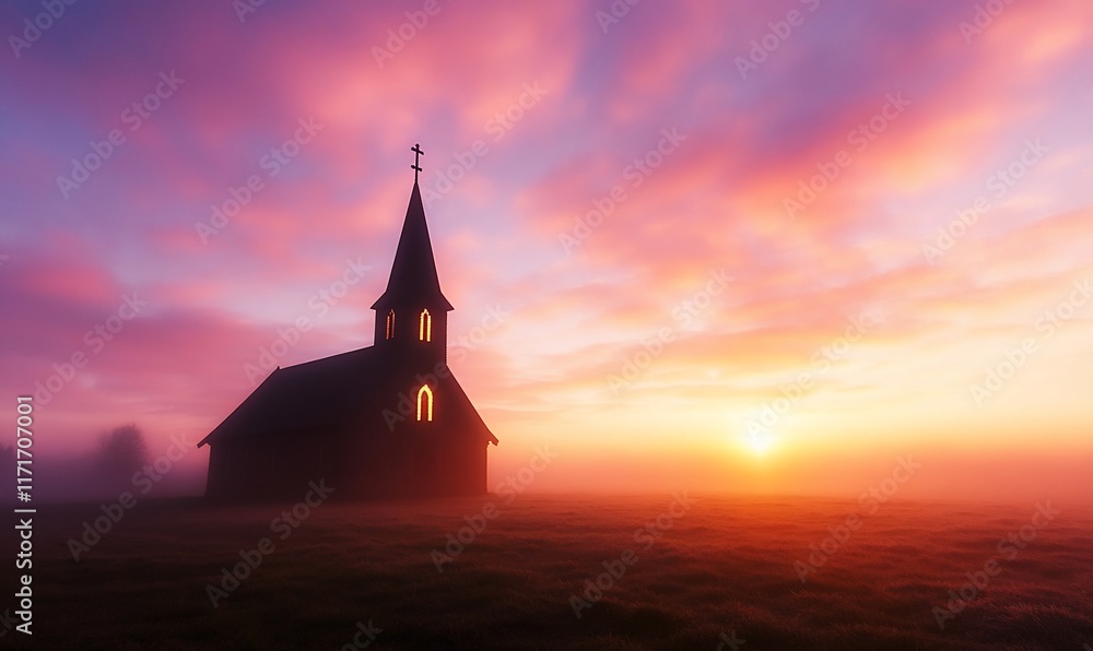 A serene church silhouette against a colorful sunrise in mist. A serene church silhouette against a colorful sunrise in mist.