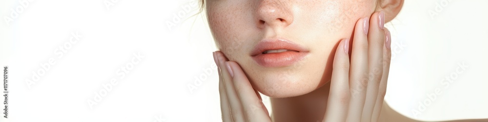 Obraz premium Beautiful woman, flawless skin, natural makeup, brown eyes, arched eyebrows, full lips, hand on cheek, soft lighting, beauty portrait, high-end fashion, cosmetics advertisement, professional photograp