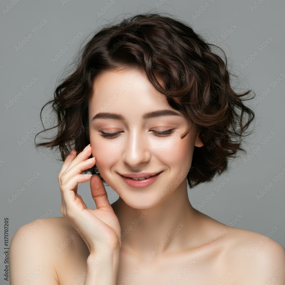Young woman, curly dark hair, beaming smile, hand on cheek, grey sweater, joyful expression, natural makeup, studio lighting, neutral background, portrait photography, warm skin tone, candid pose, mod Young woman, curly dark hair, beaming smile, hand on cheek, grey sweater, joyful expression, natural makeup, studio lighting, neutral background, portrait photography, warm skin tone, candid pose, mod