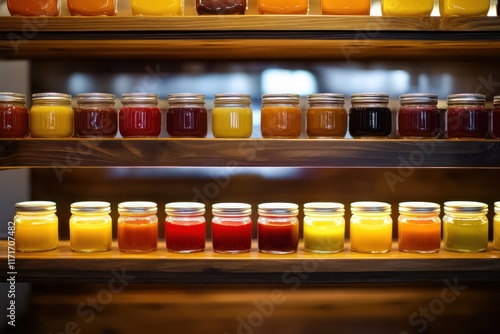 Wallpaper Mural A luxurious product display of gourmet sauces, arranged neatly in glass jars on polished wood shelves, with soft lighting accentuating the textures and vibrant colors. Torontodigital.ca