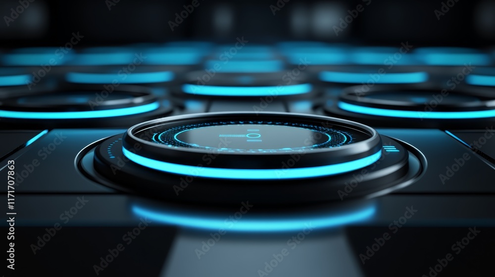 A close-up of futuristic control panels with glowing blue accents. A close-up of futuristic control panels with glowing blue accents.