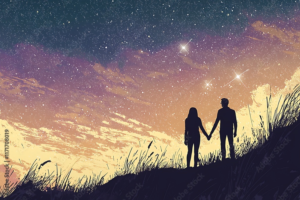 Fototapeta premium Couple stargazing, hilltop, sunset, romance.