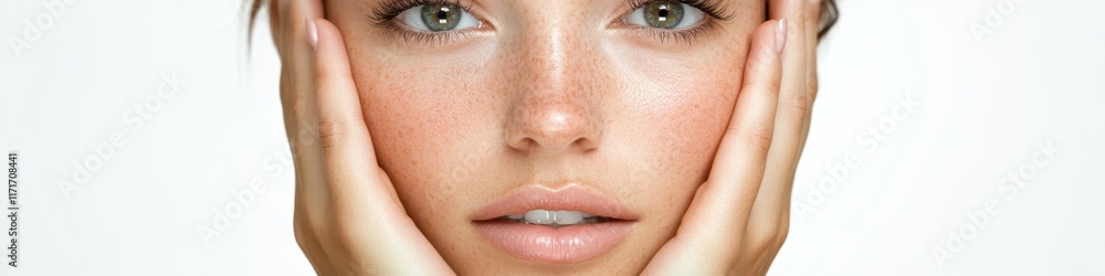 Fototapeta premium Beautiful woman, flawless skin, natural makeup, brown eyes, arched eyebrows, full lips, hand on cheek, soft lighting, beauty portrait, high-end fashion, cosmetics advertisement, professional photograp