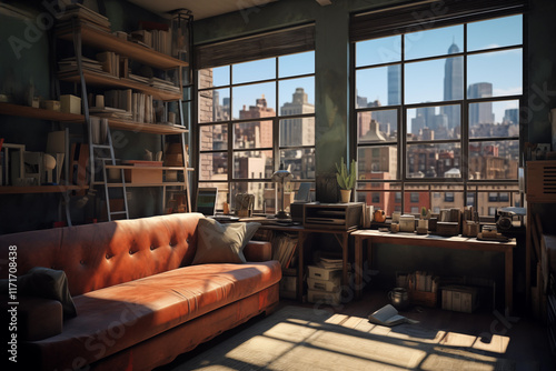 Warm and inviting living area features brown leather couch facing large windows. Bright sunlight shines through, illuminating rich city skyline in background.