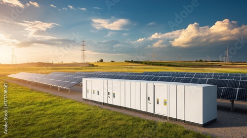 White solar panel boxes in a field at sunset.  Rows of solar panels, electrical equipment, and power infrastructure.  Rural landscape with electricity grid infrastructure.  Outdoor technology installa photo