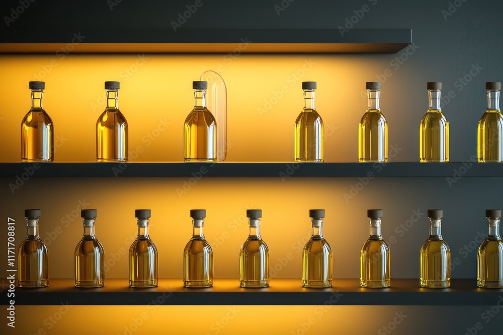 A minimalist product display of luxury olive oil, arranged in elegant glass bottles on sleek modern shelves, with ambient lighting highlighting the smooth and natural tones. A minimalist product display of luxury olive oil, arranged in elegant glass bottles on sleek modern shelves, with ambient lighting highlighting the smooth and natural tones.