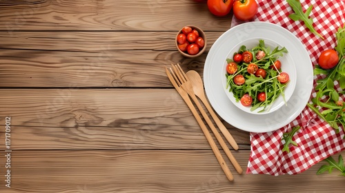 Wallpaper Mural Plate of arugula salad with cherry tomatoes on a wooden table. Top view with red checkered napkin and wooden cutlery. Food photography for design and print

 Torontodigital.ca