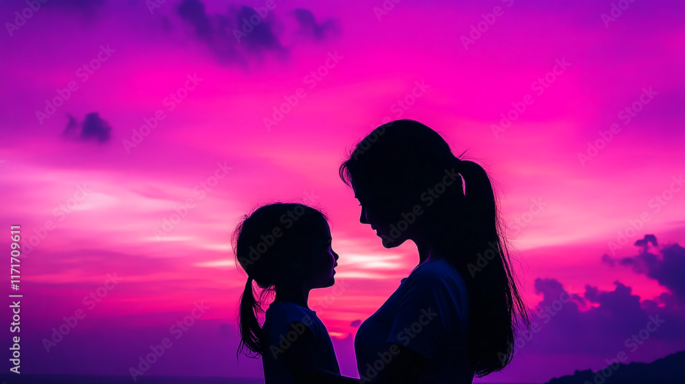 Mother and daughter sharing a tender moment at sunset on the beach with colorful sky Mother and daughter sharing a tender moment at sunset on the beach with colorful sky