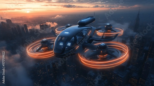 Futuristic drone taxi flying over a city at sunset.
