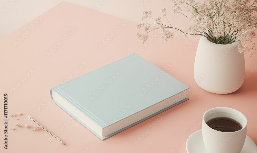 Fototapeta premium Pale book, flowers, coffee, pen, pink surface.