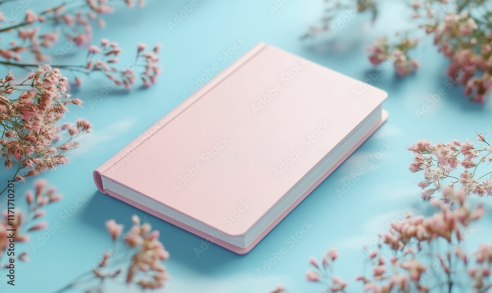 Fototapeta premium Pink notebook, pale flowers, light blue background.