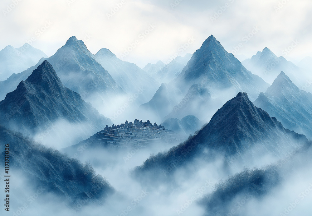 Obraz premium Mountain Peaks in the Clouds: Serene landscape photography captures the ethereal beauty of majestic mountain peaks shrouded in a mystical veil of clouds.