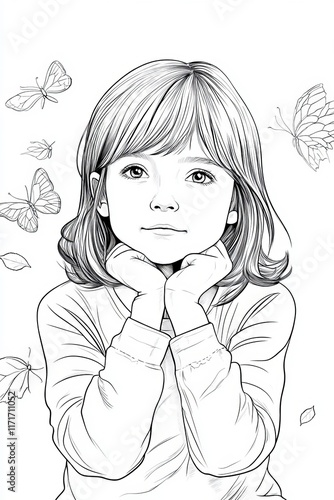 Illustration of a thoughtful Caucasian girl with butterflies, showcasing innocence and curiosity. photo