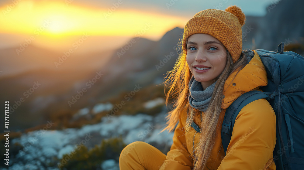 Summit Sunrise: A young woman in vibrant yellow gear stands atop a mountain, beaming with pride and accomplishment, as the sun paints the sky in hues of gold. Summit Sunrise: A young woman in vibrant yellow gear stands atop a mountain, beaming with pride and accomplishment, as the sun paints the sky in hues of gold.