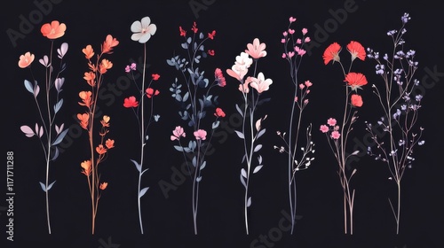 Collection of colorful floral elements in flat color. Set of spring and summer wild flowers, plants, branches, leaves and herb. Hand drawn of blossom vectors for decor, website, graphic and shop. photo