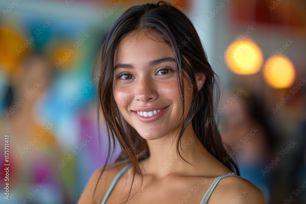 A young woman smiling brightly in a vibrant, colorful setting, radiating confidence and happiness. A young woman smiling brightly in a vibrant, colorful setting, radiating confidence and happiness.