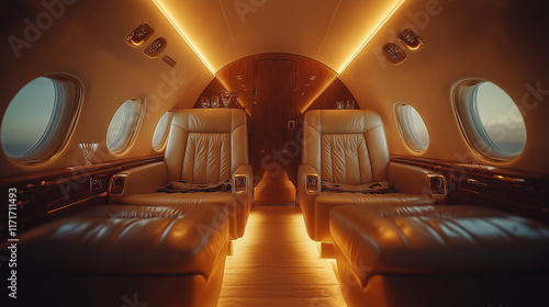 Luxurious Private Jet Interior  Step into a world of opulence and comfort with this stunning image capturing the interior of a private jet. Soft leather seats  warm lighting.
