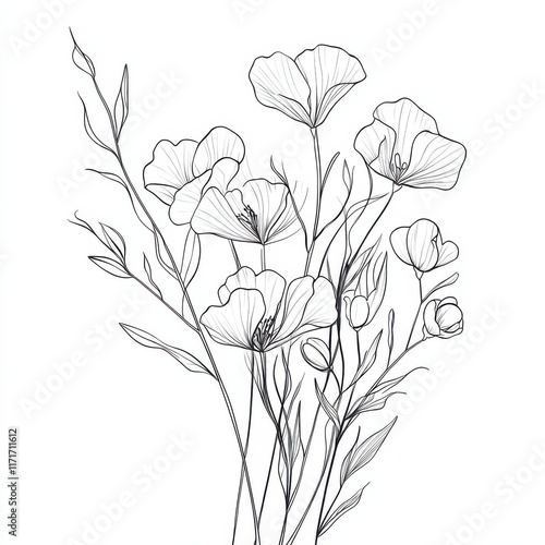 Botanical arts. Hand drawn continuous line drawing of herbs, abstract flower, floral, ginkgo, rose, tulip, bouquet of olives. Vector illustration. photo