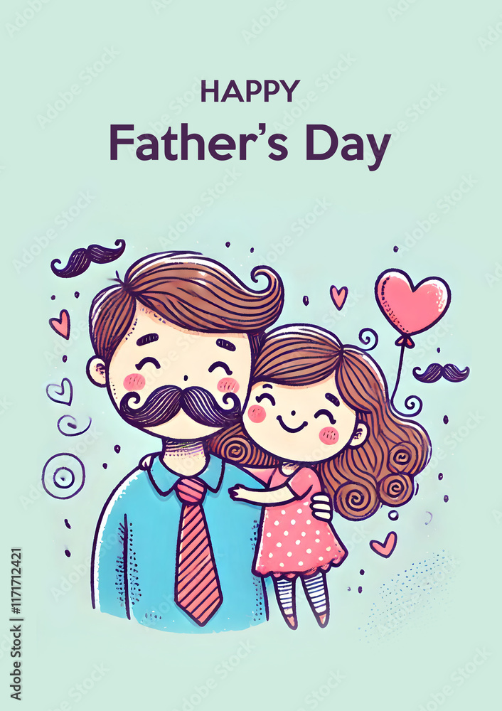 father's day card, happy fathers day, an illustration of a happy father with his daughter kid, in pastel colors father's day card, happy fathers day, an illustration of a happy father with his daughter kid, in pastel colors