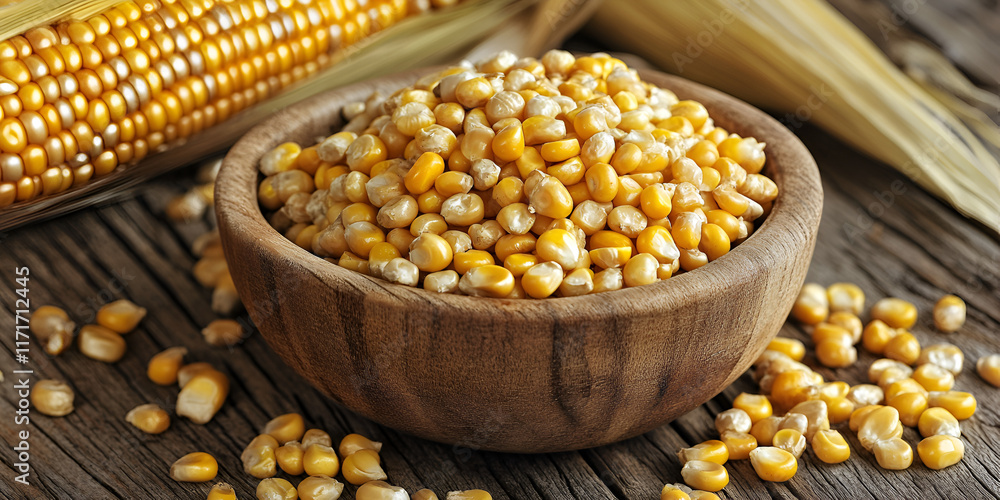 Organic Dried Corn Kernels in Wooden Bowl on Rustic Table Organic Dried Corn Kernels in Wooden Bowl on Rustic Table