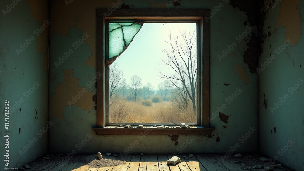 Obraz premium A broken window in an abandoned house, surrounded by chipped walls and peeling paint. Dusty light and barren landscapes evoke the quiet decay of forgotten homes.