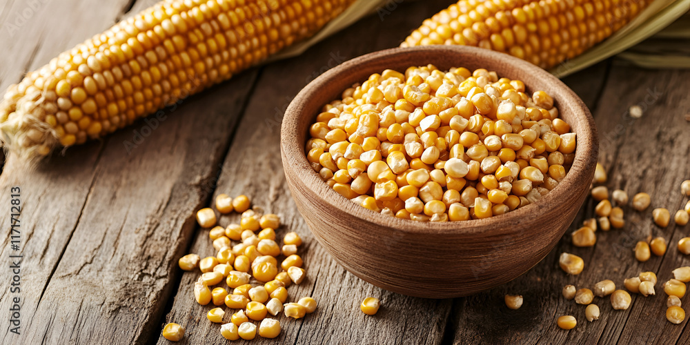 Organic Dried Corn Kernels in Wooden Bowl on Rustic Table Organic Dried Corn Kernels in Wooden Bowl on Rustic Table