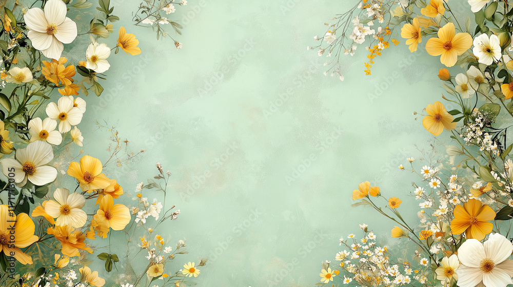 Boho style wildflowers and spring daisies on a green background. Graphic banner or frame Boho style wildflowers and spring daisies on a green background. Graphic banner or frame