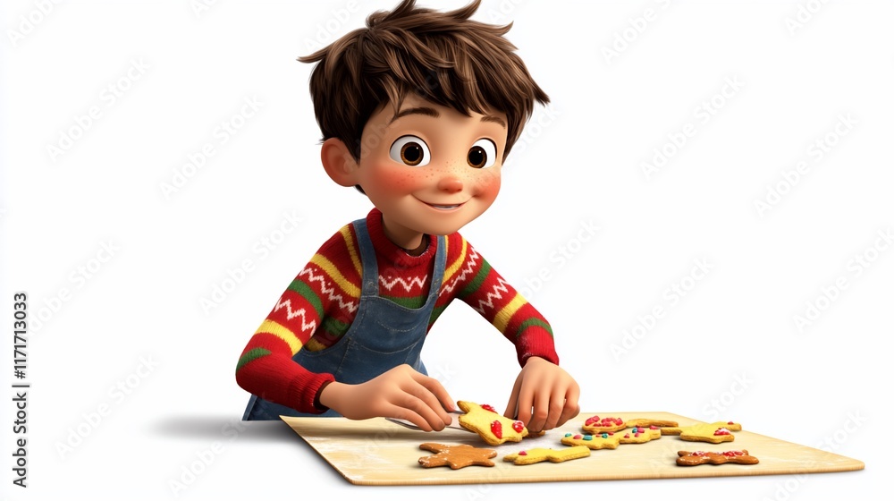 Happy boy decorating Christmas cookies on baking paper. Happy boy decorating Christmas cookies on baking paper.